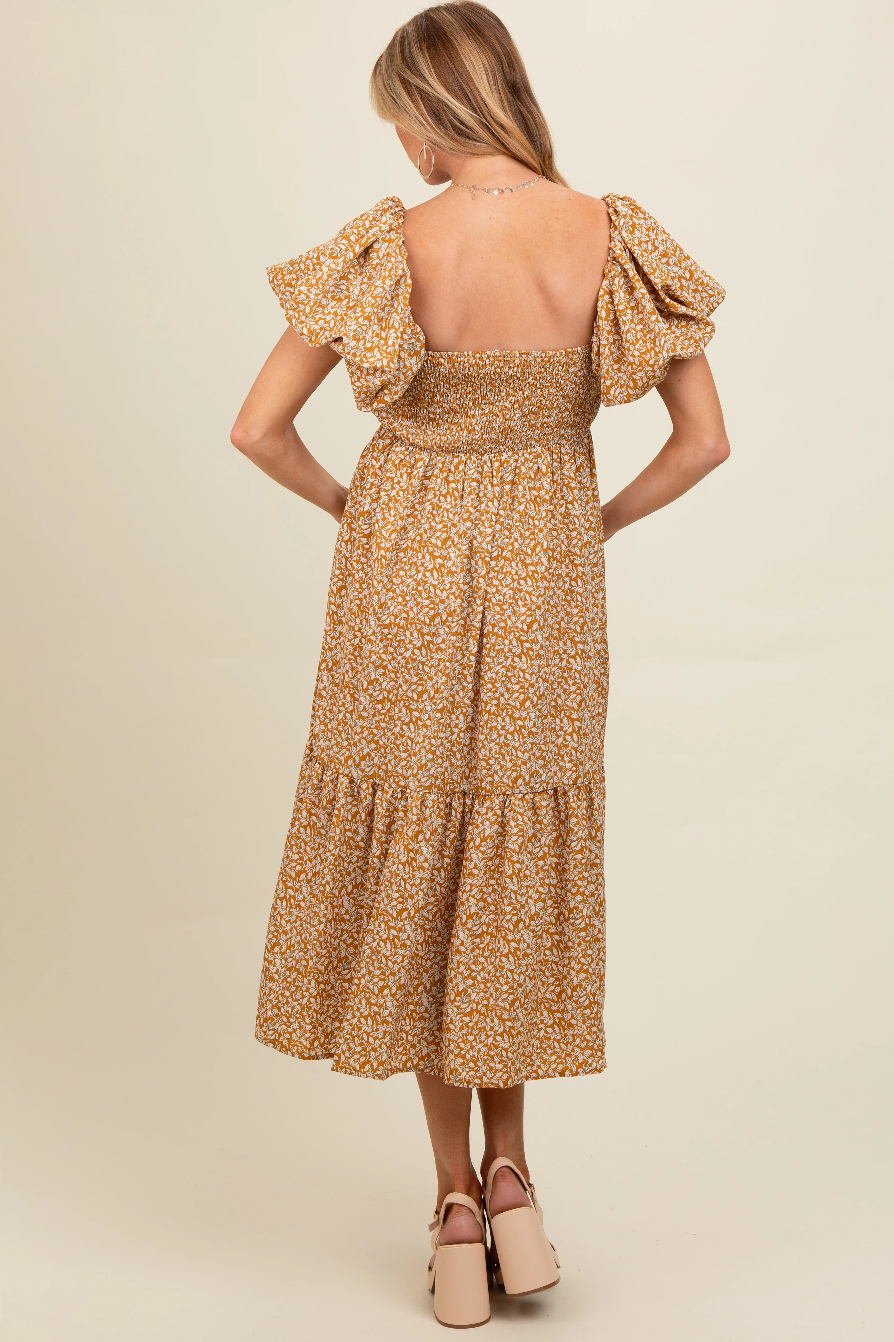 Yellow Floral Puffed Sleeve Maternity Midi Dress - Image 3