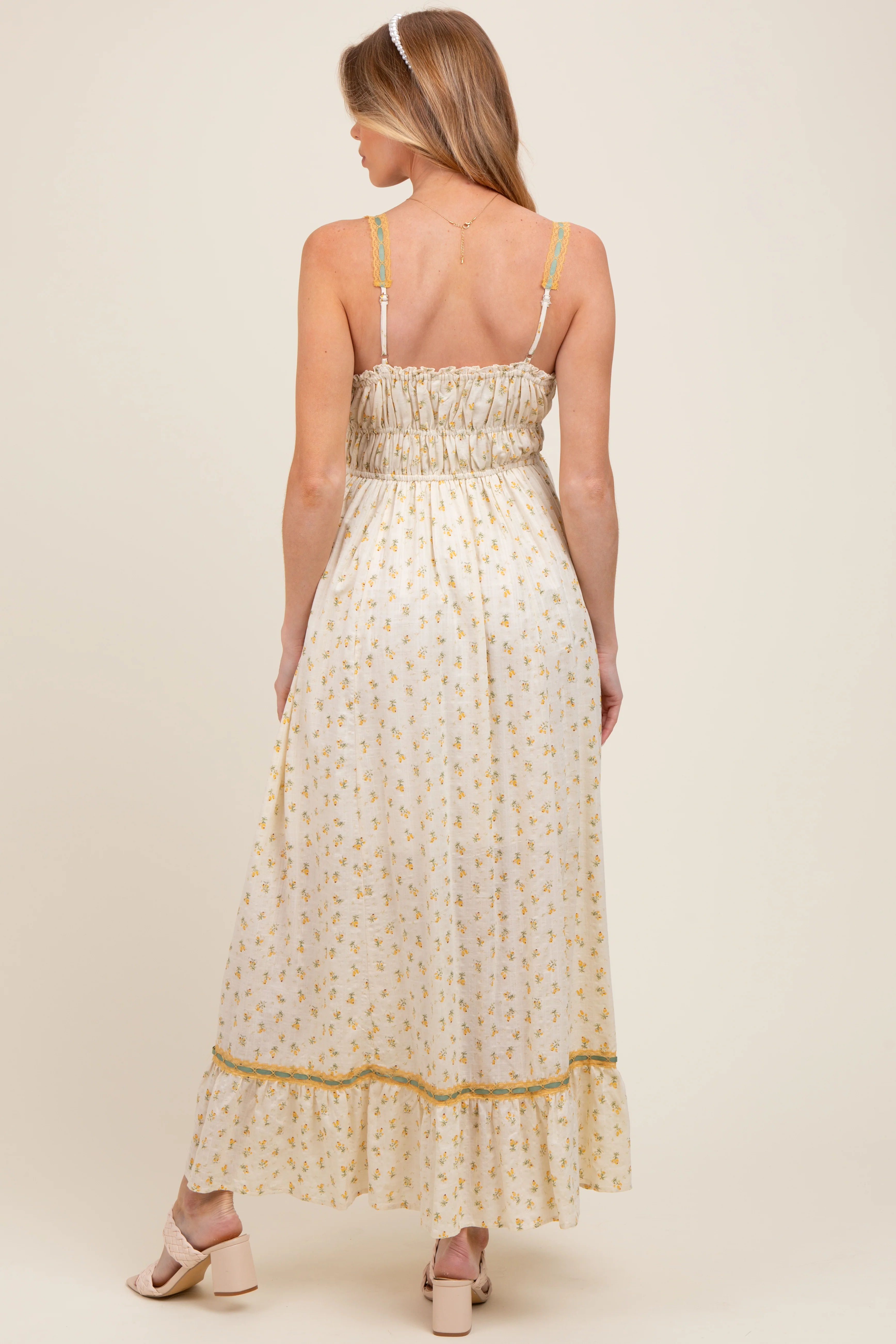 Yellow Floral Ribbon Detail Sleeveless Maternity Maxi Dress - Image 3