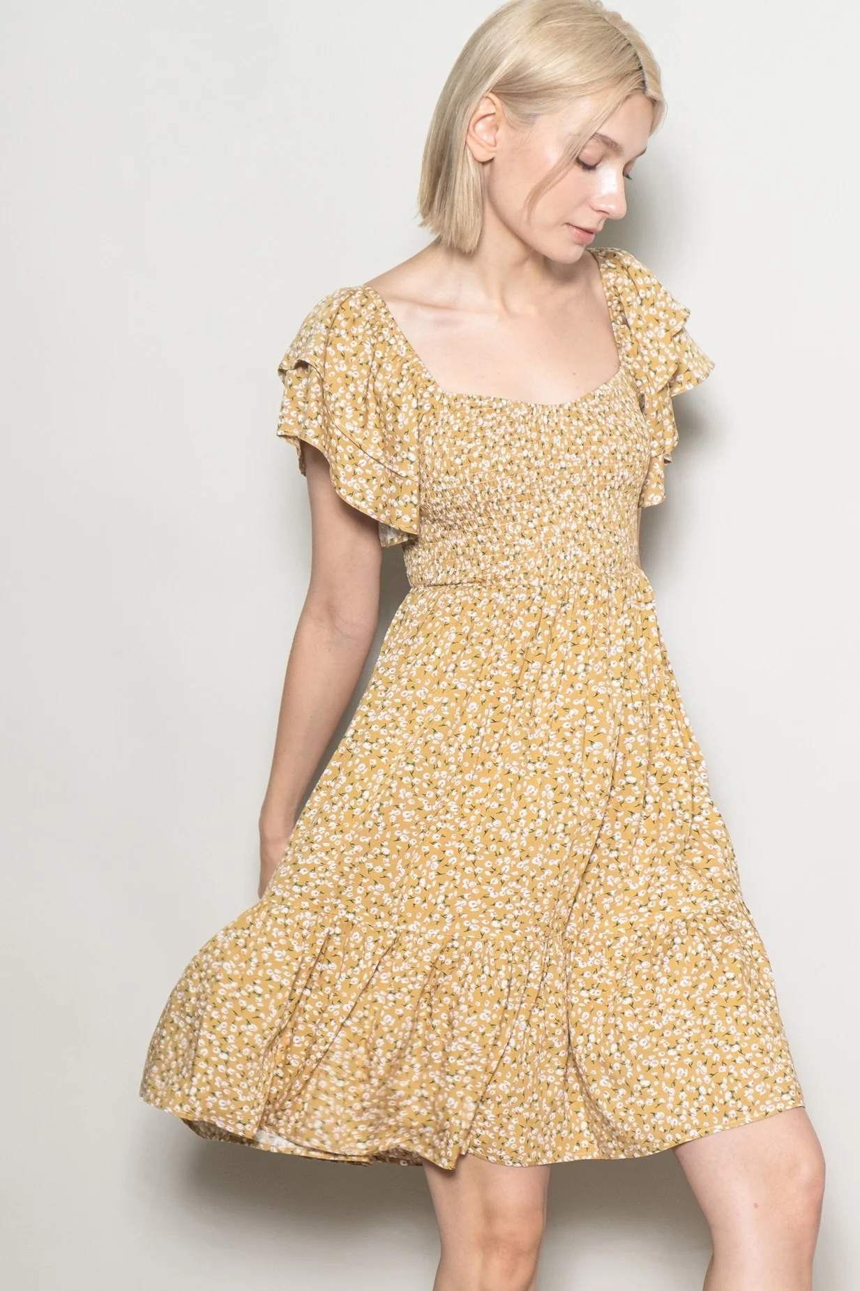 Yellow Floral Smocked Flutter Sleeve Dress - Image 2