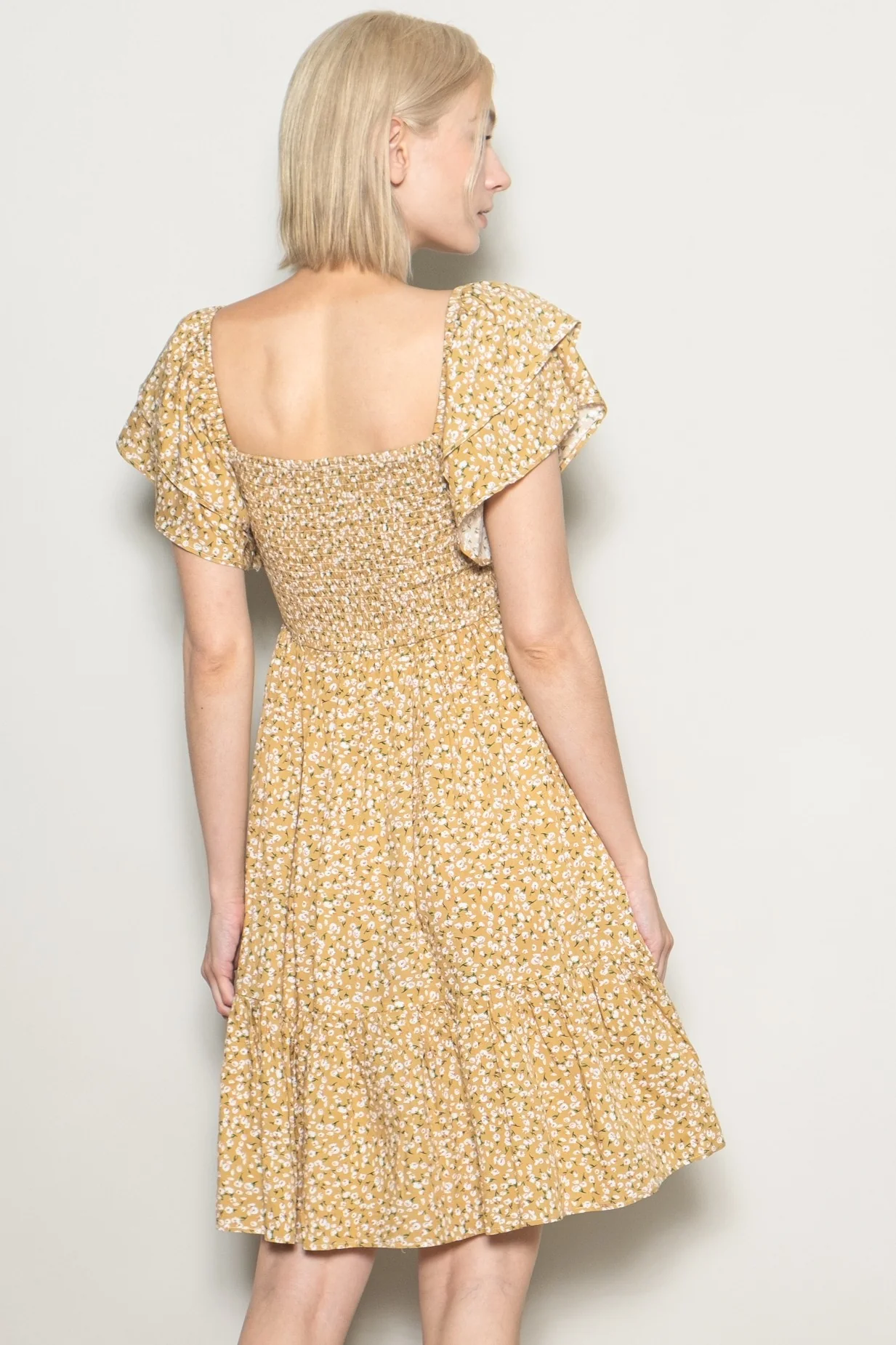 Yellow Floral Smocked Flutter Sleeve Dress - Image 3