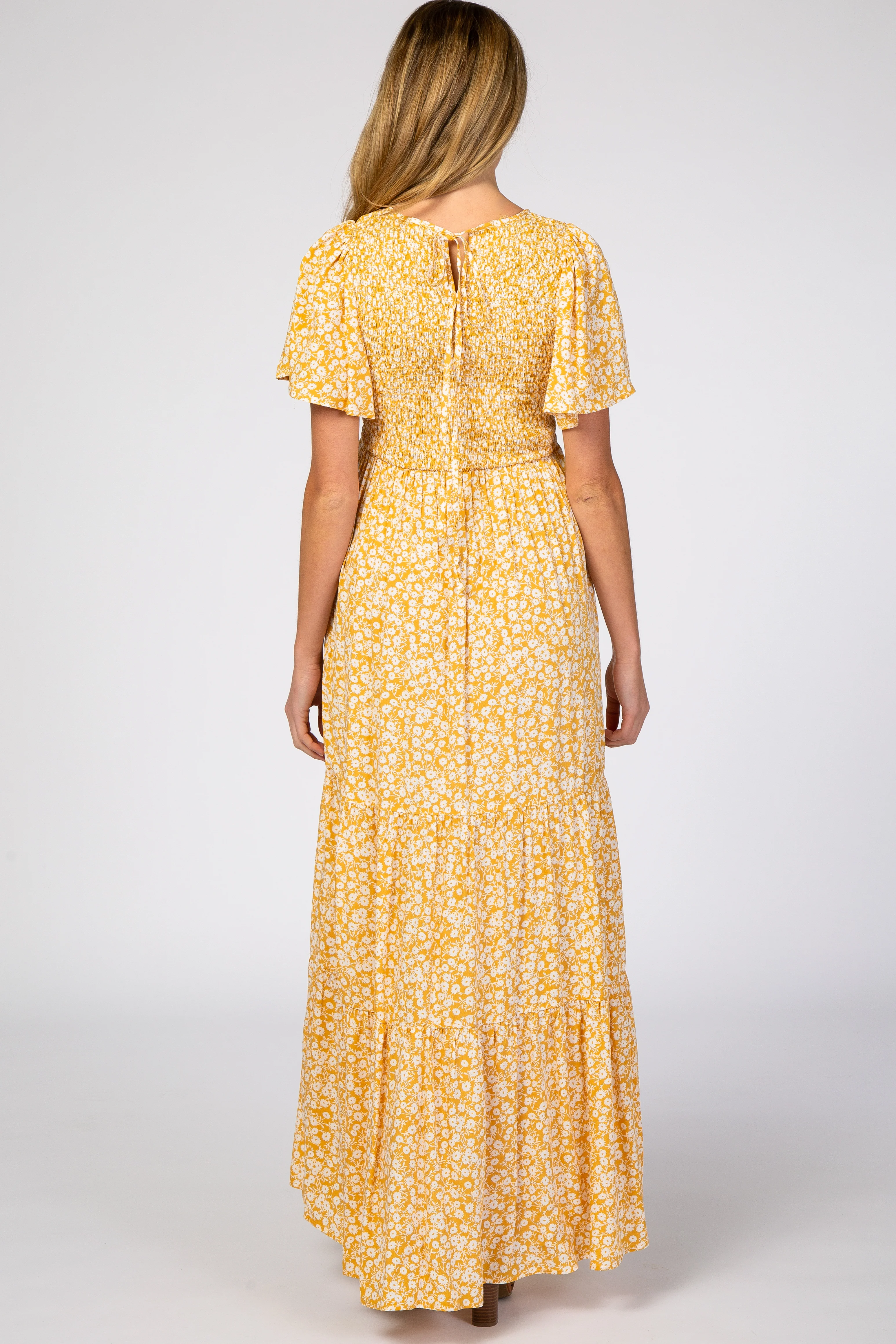 Yellow Floral Smocked Front Pleated Hem Maternity Maxi Dress - Image 3