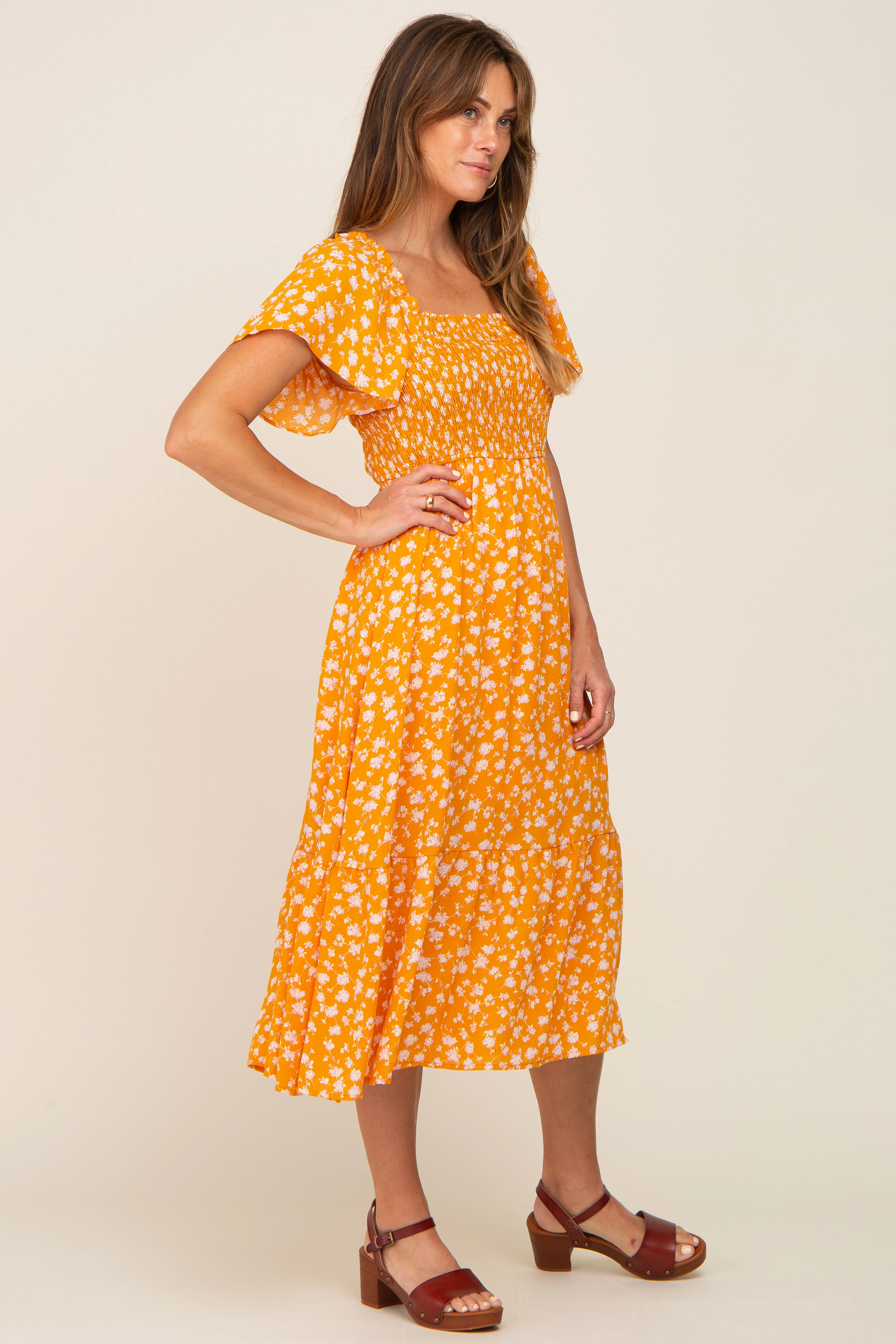 Yellow Floral Smocked Midi Dress - Image 2