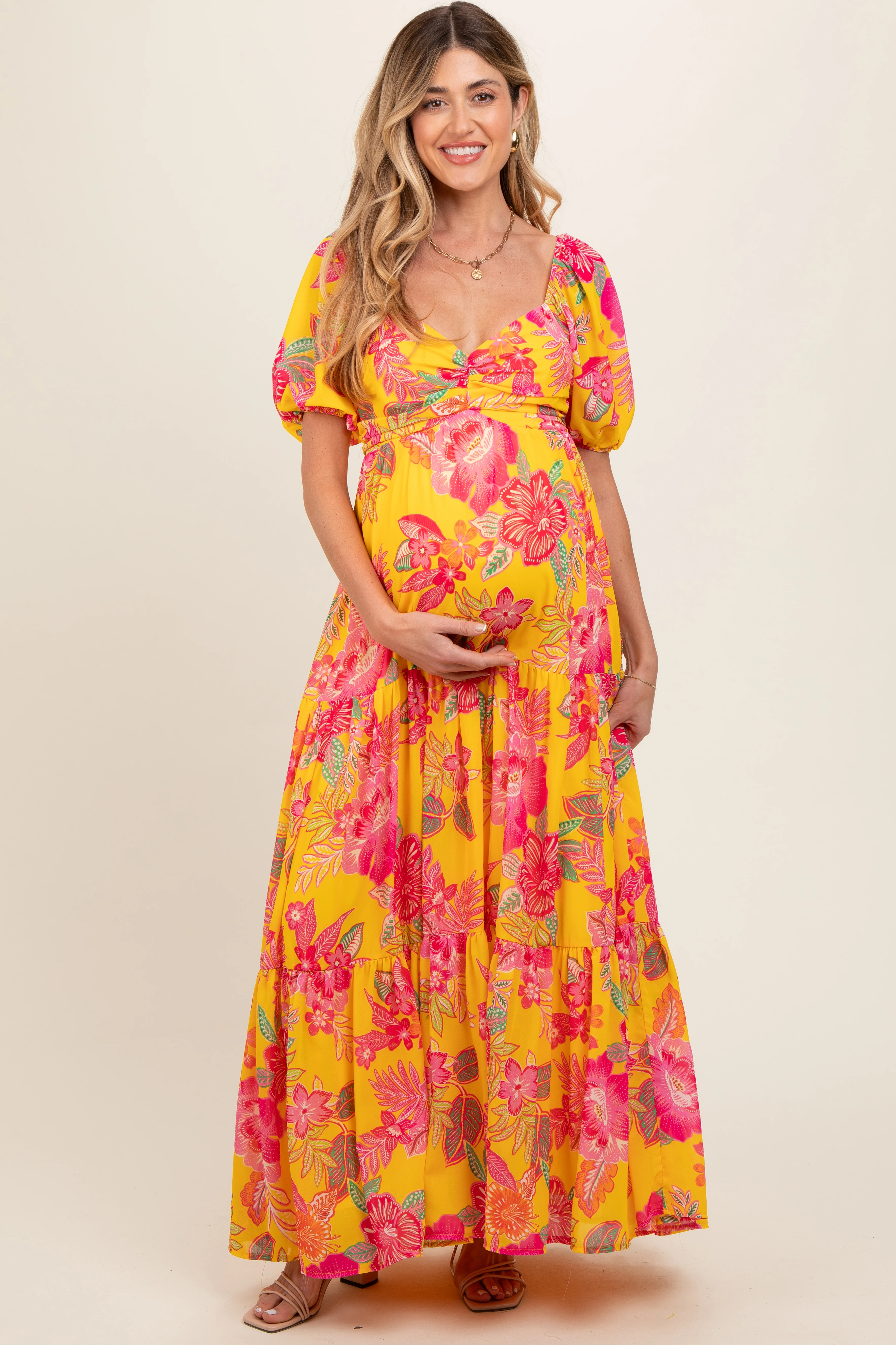 Yellow Floral Sweetheart Neck Tiered Maternity Maxi Dress - Image 2