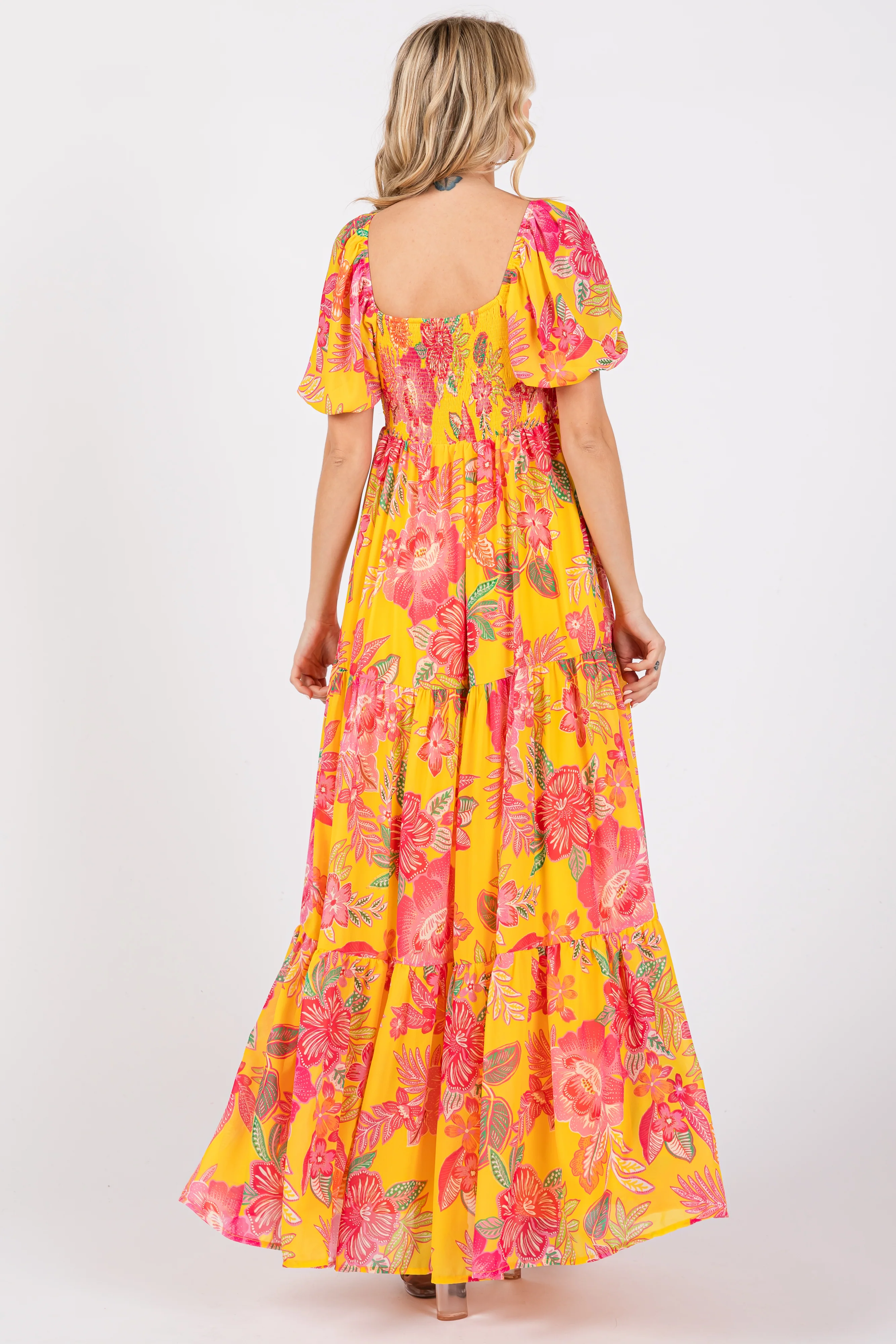 Yellow Floral Sweetheart Neck Tiered Maxi Dress - Image 3
