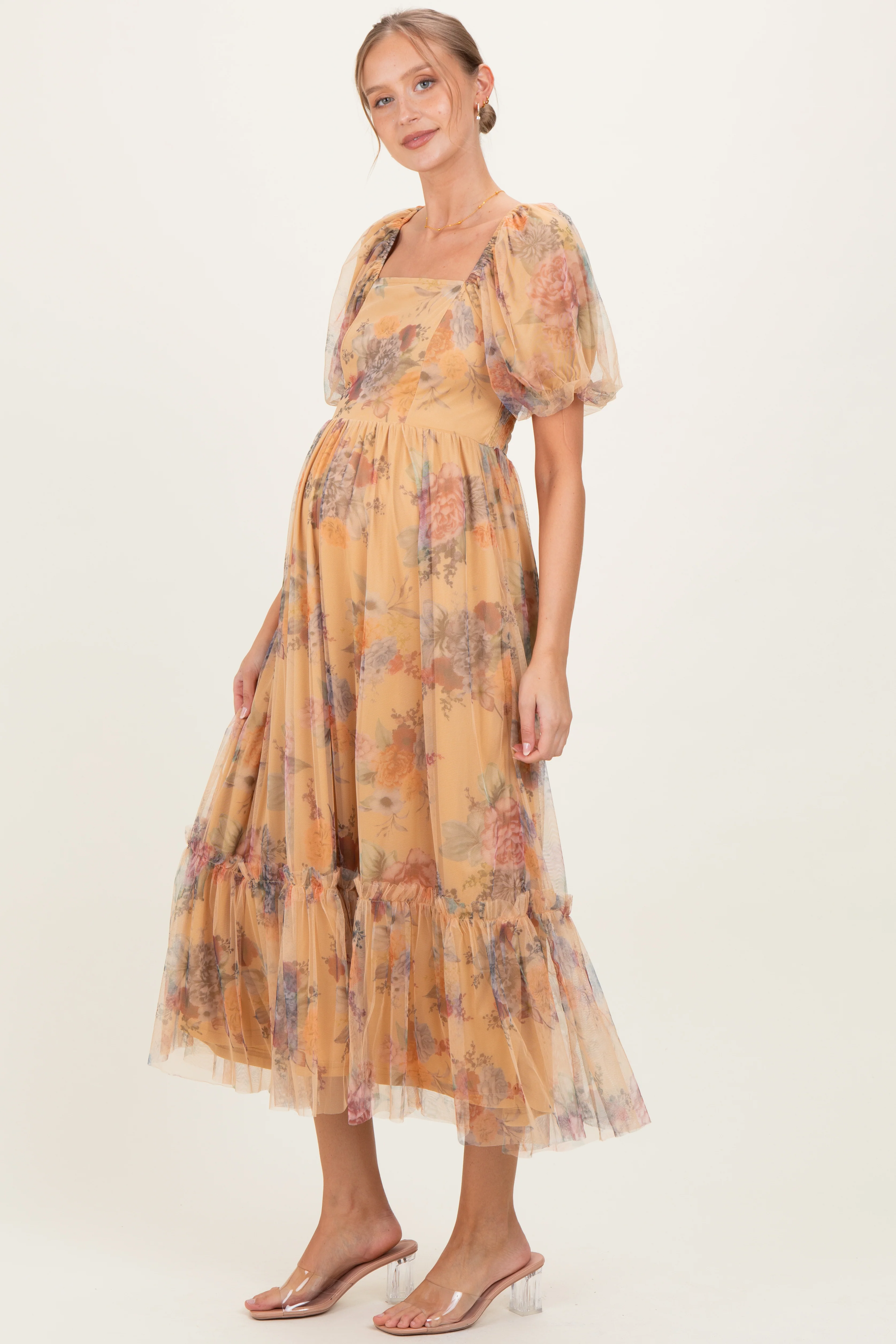 Yellow Floral Tulle Puff Sleeve Maternity Midi Dress - Image 3
