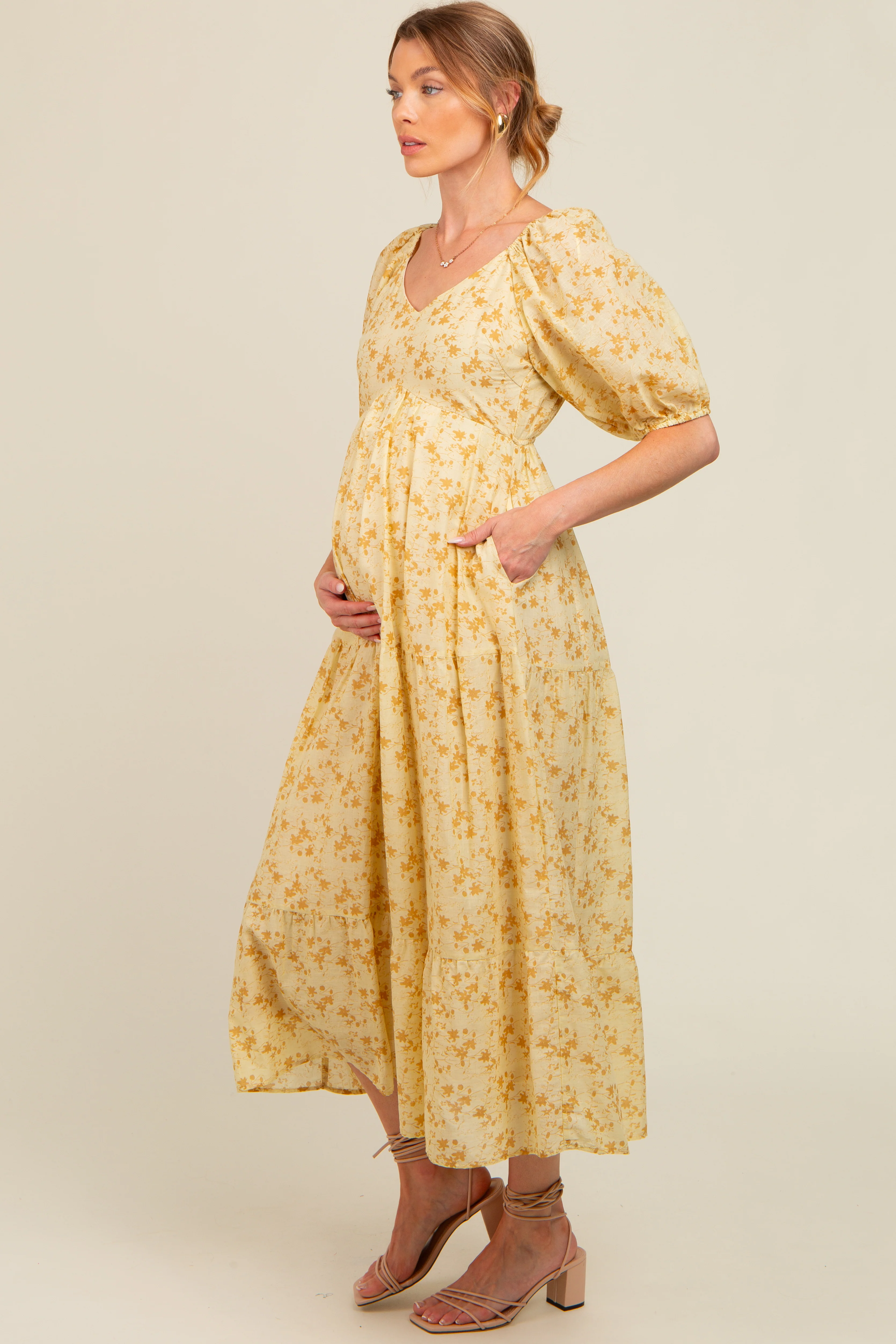 Yellow Floral V-Neck Tiered Maternity Midi Dress - Image 3