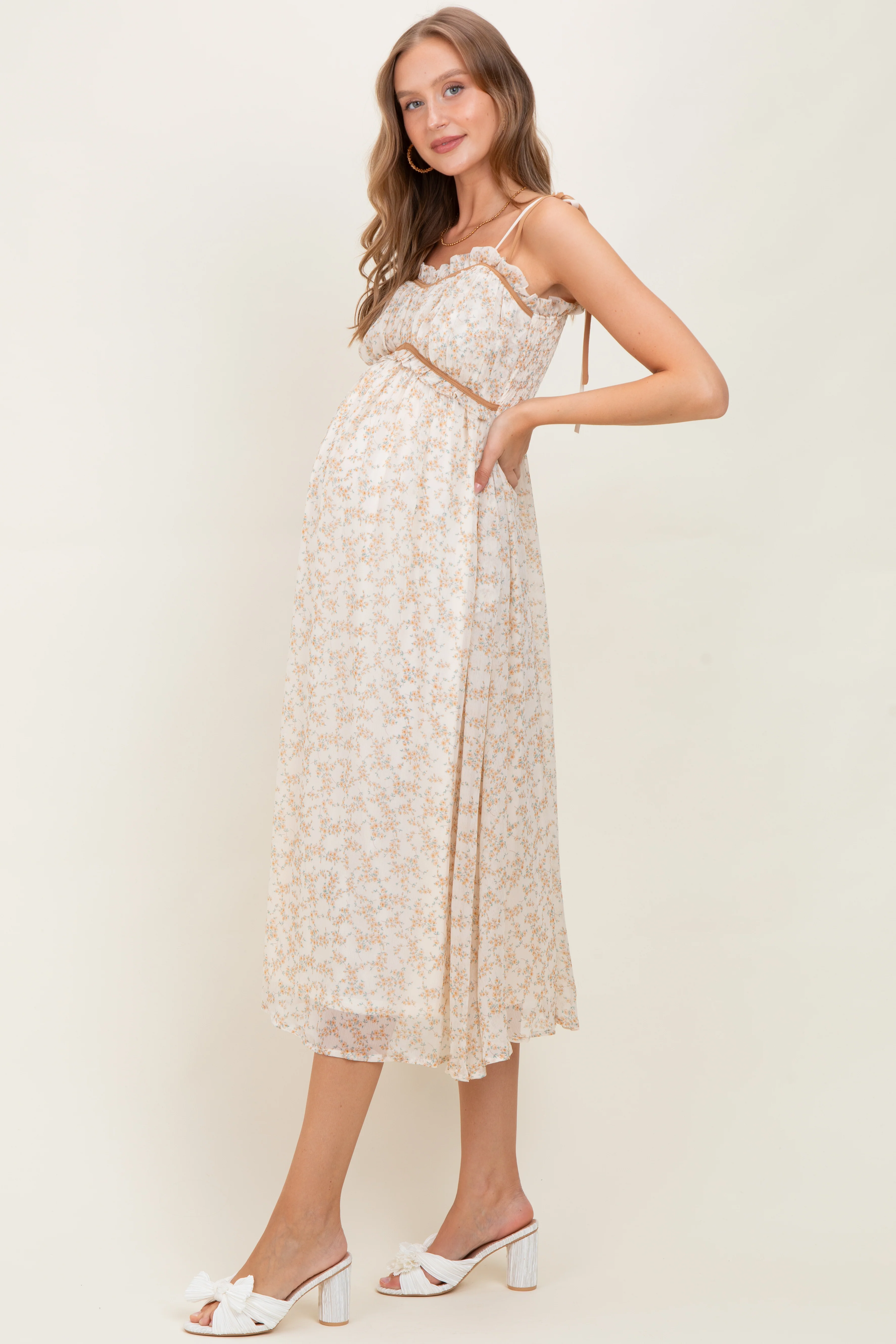 Yellow Garden Floral Printed Smocking Maternity Maxi Dress - Image 3