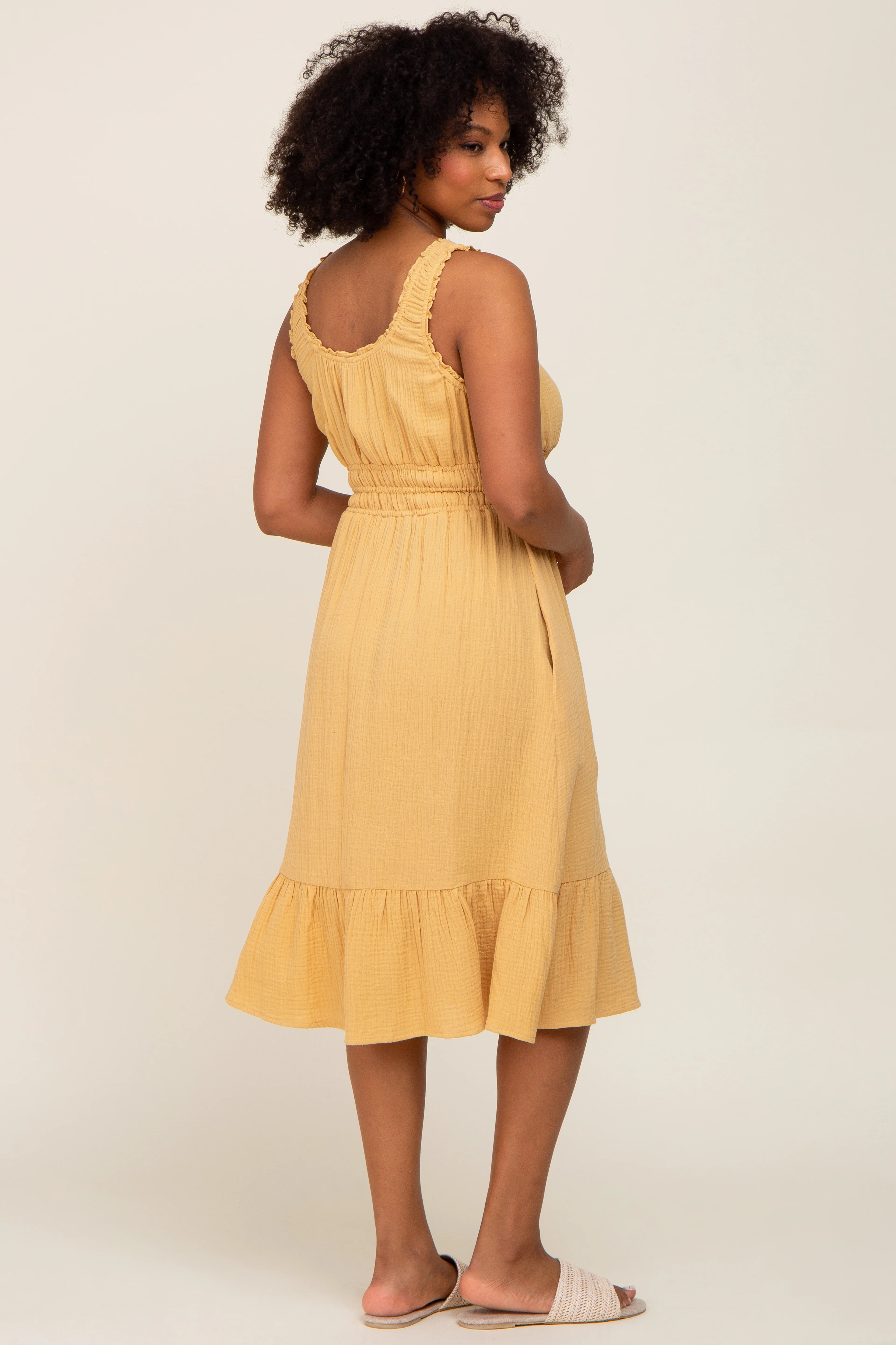 Yellow Gauze Smocked Waist Lettuce Trim Midi Dress - Image 6