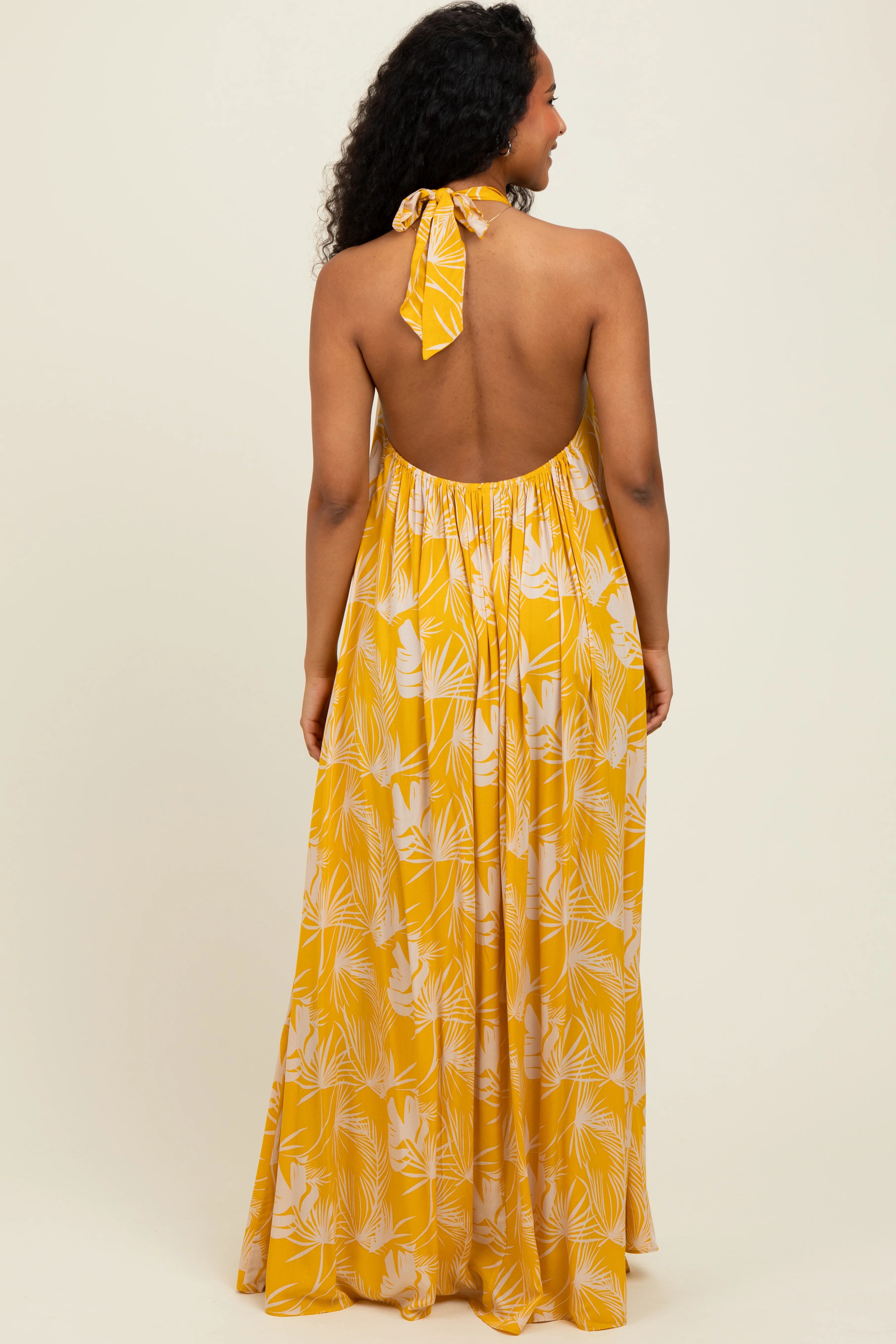 Yellow Leaf Print Halter Open Back Maxi Dress - Image 3