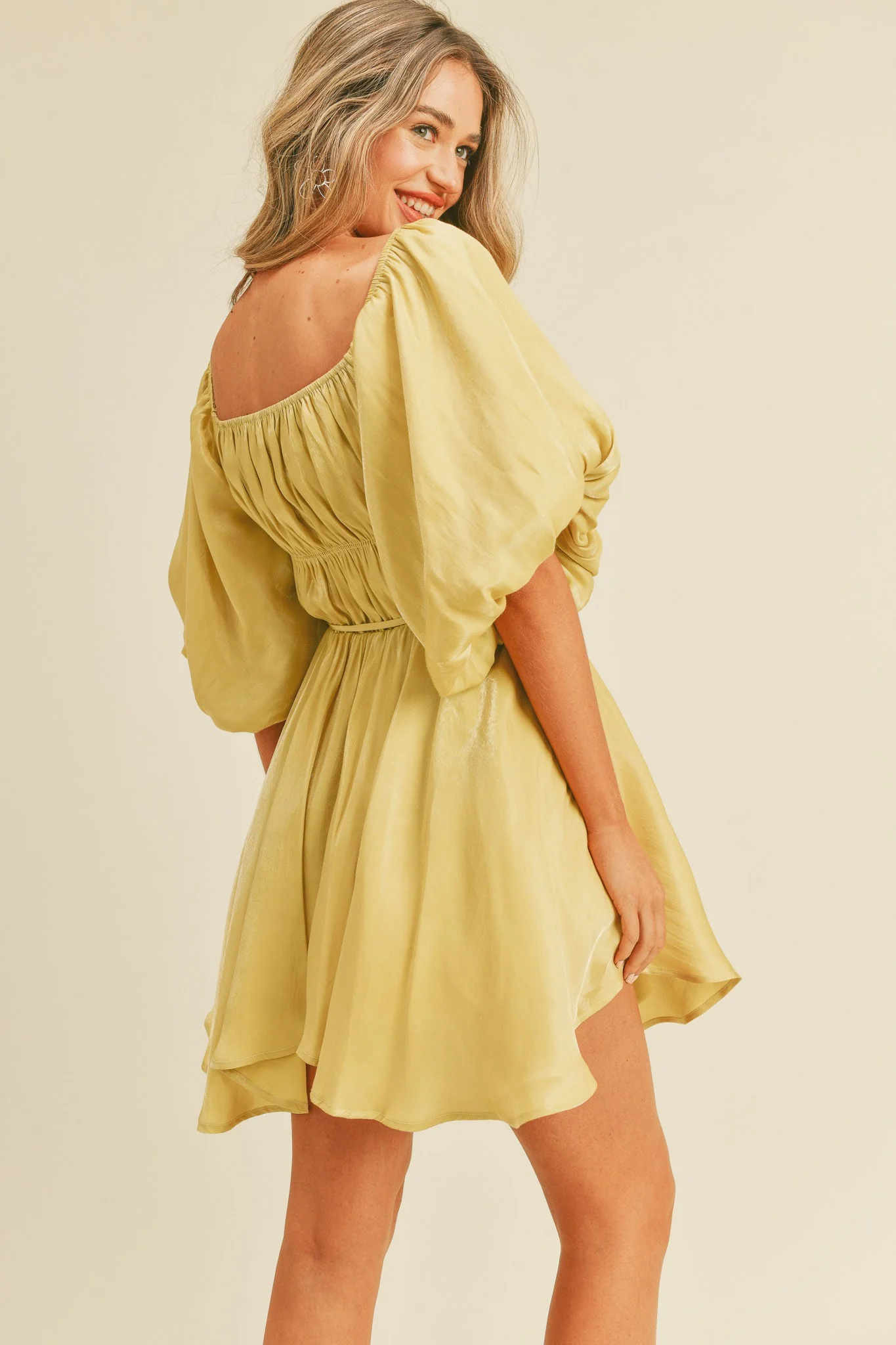 Yellow Metallic Bubble Sleeve Flared Mini Dress - Image 3