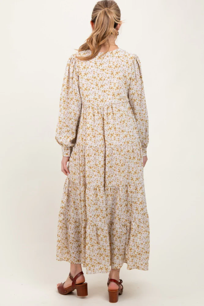 Yellow Printed Tiered Maternity Maxi Dress - Image 3