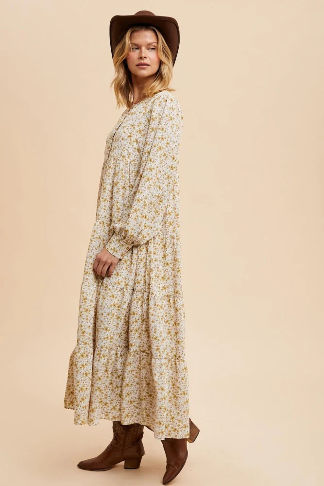 Yellow Printed Tiered Maxi Dress - Image 3