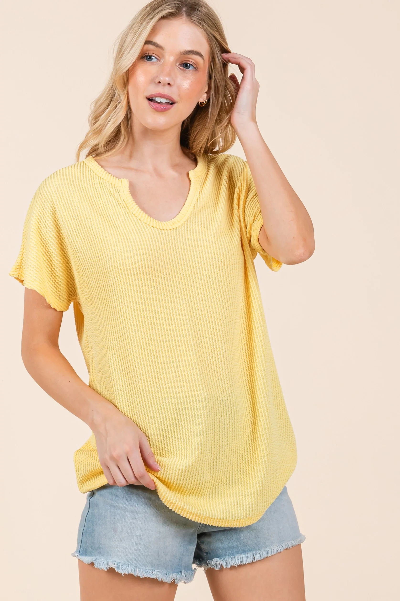 Yellow Ribbed Notched Neckline Maternity Top - Image 5