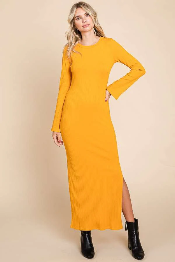 Yellow Ribbed Side Slit Maternity Maxi Dress - Image 5