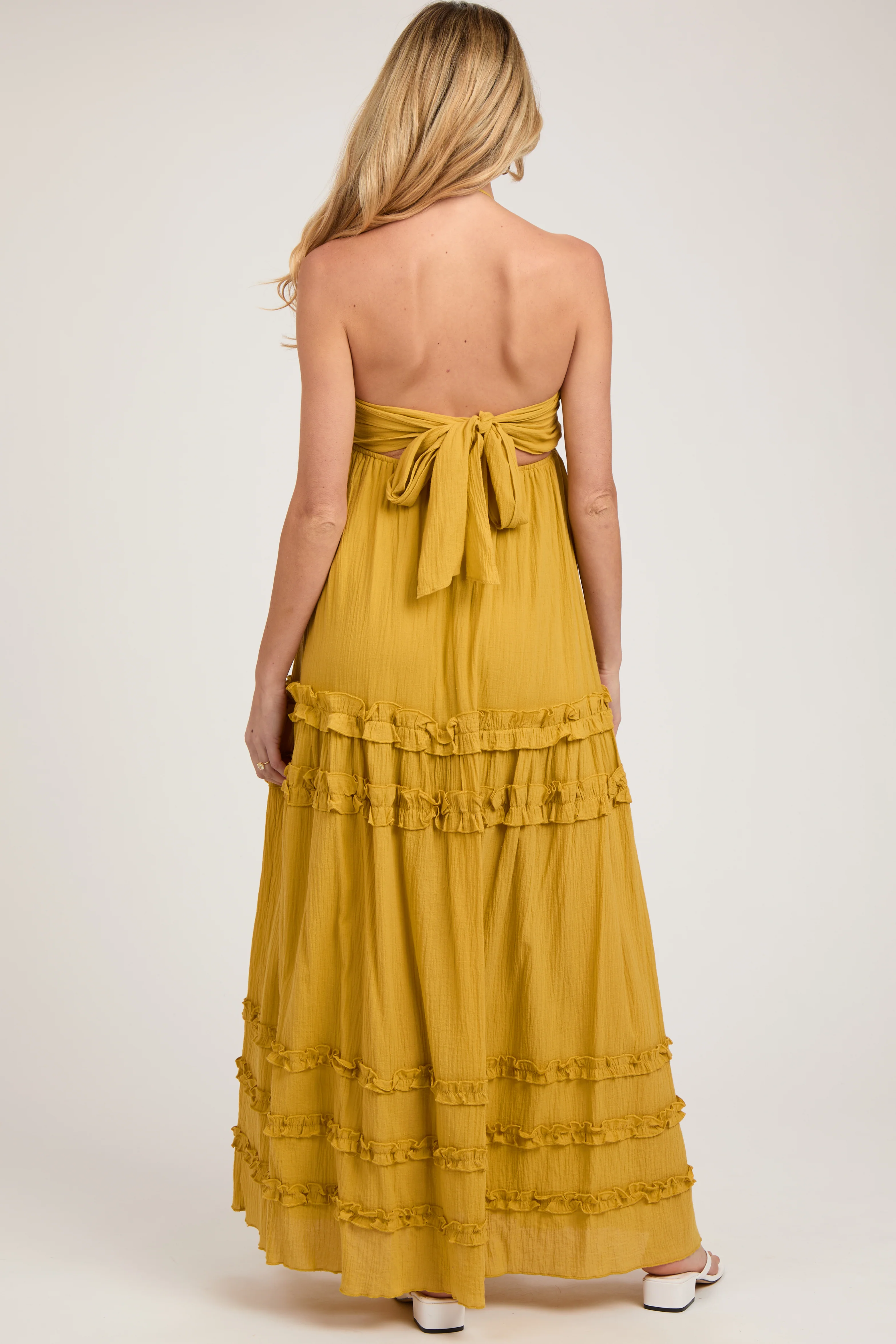 Yellow Ruffle Ruched Deep V-Neck Maternity Maxi Dress - Image 3
