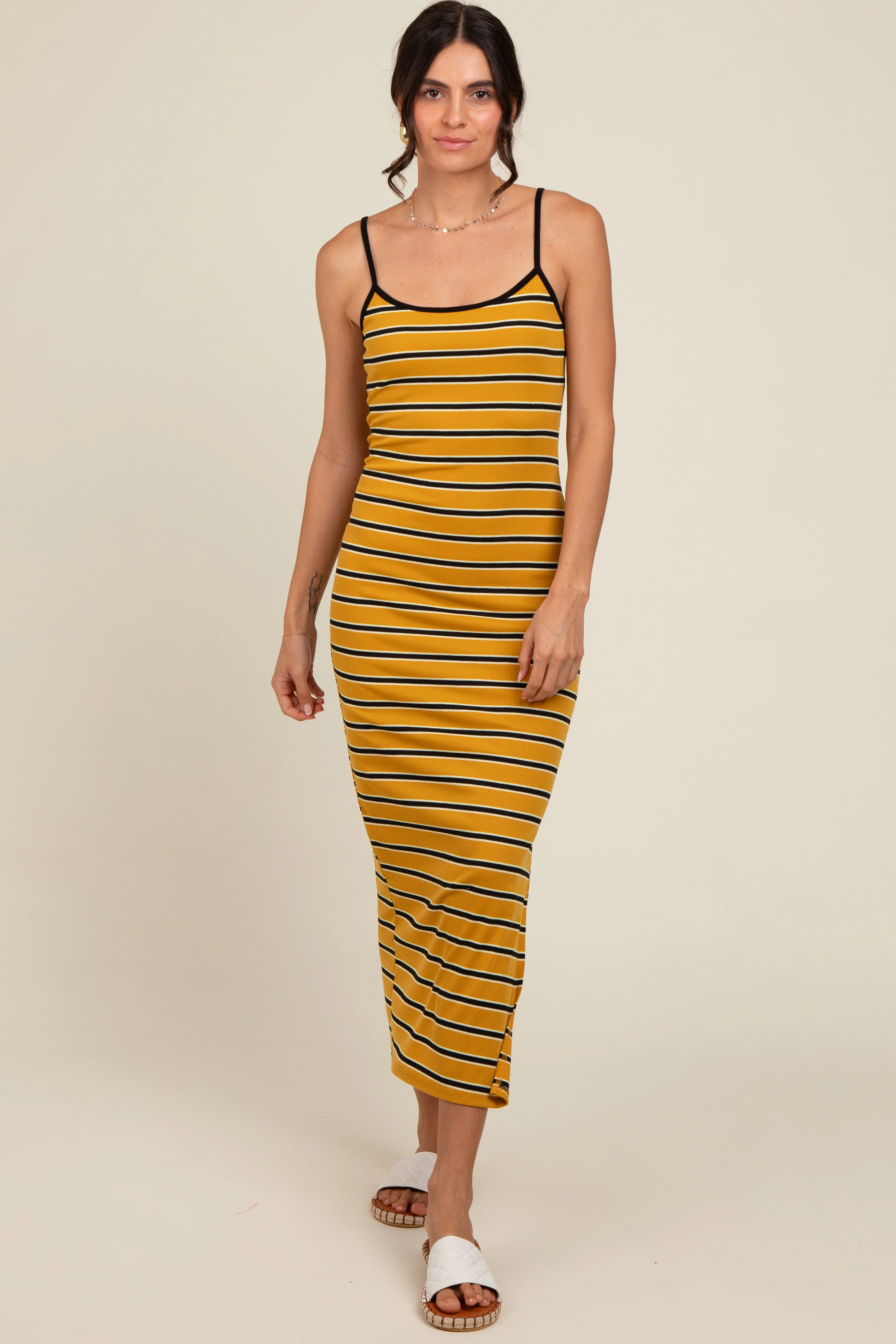 Yellow Striped Ribbed Side Slit Midi Dress - Image 4