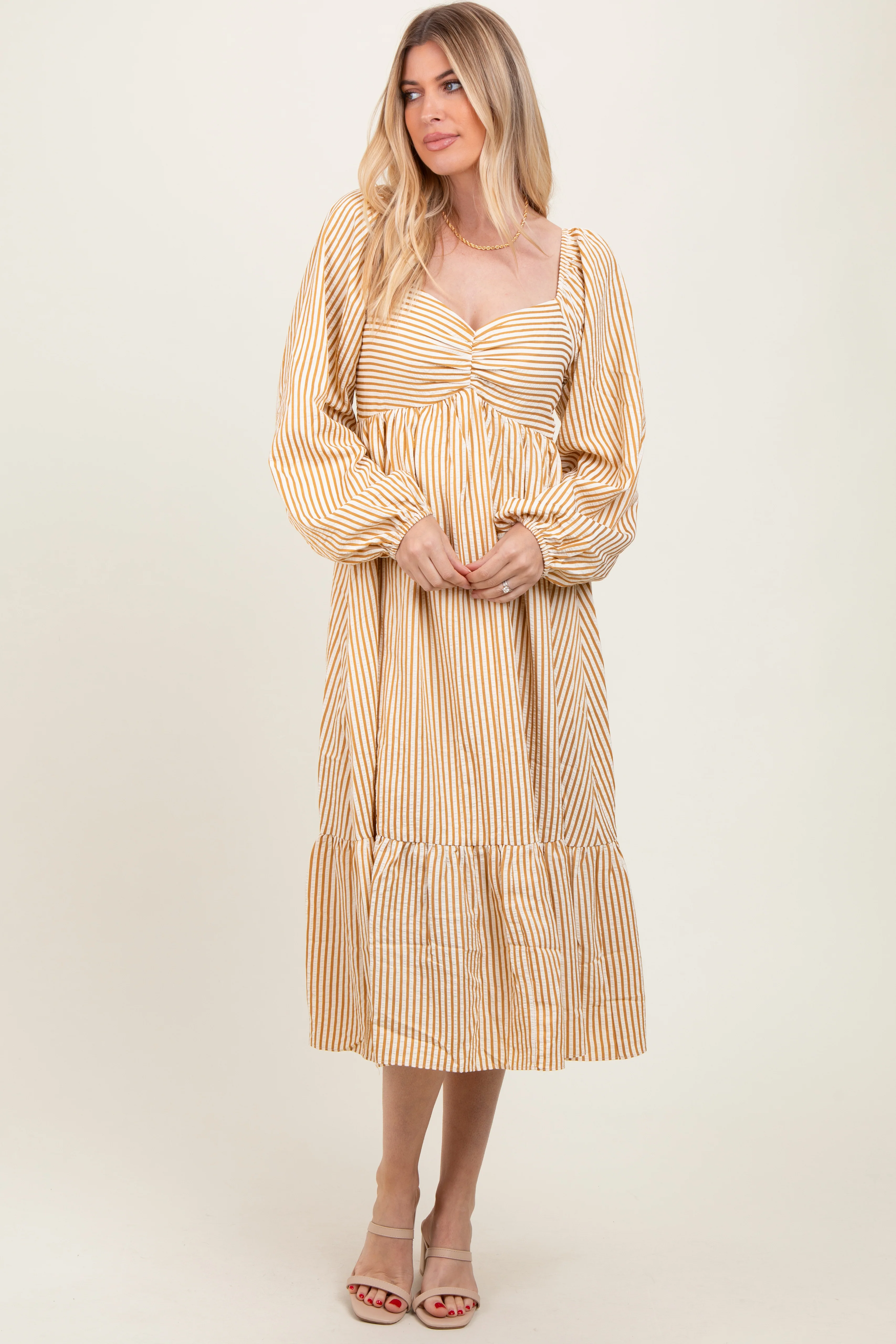Yellow Striped Ruched Bodice Balloon Sleeved Midi Dress - Image 2