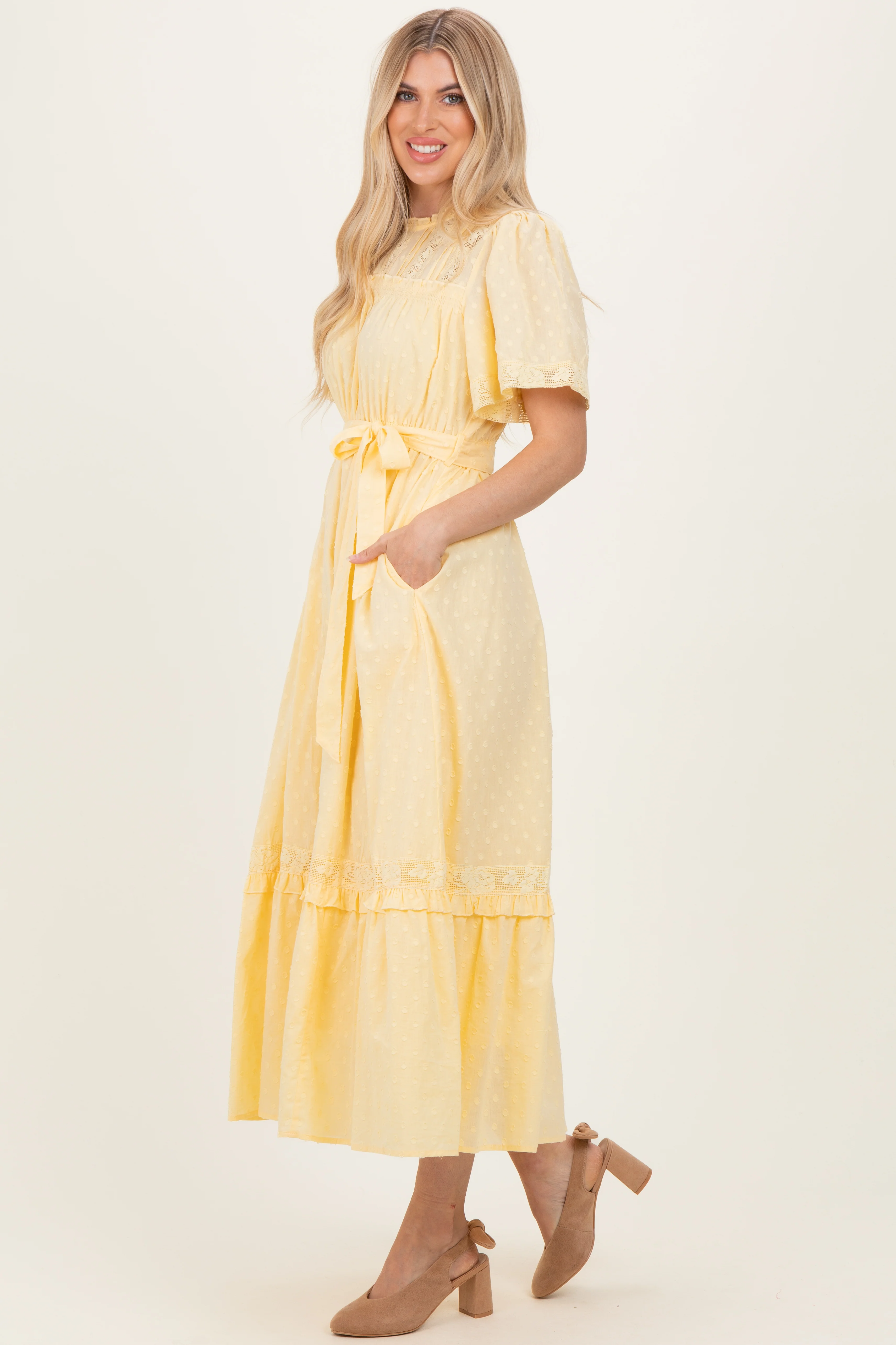 Yellow Swiss Dot Flutter Sleeve Maxi Dress - Image 7